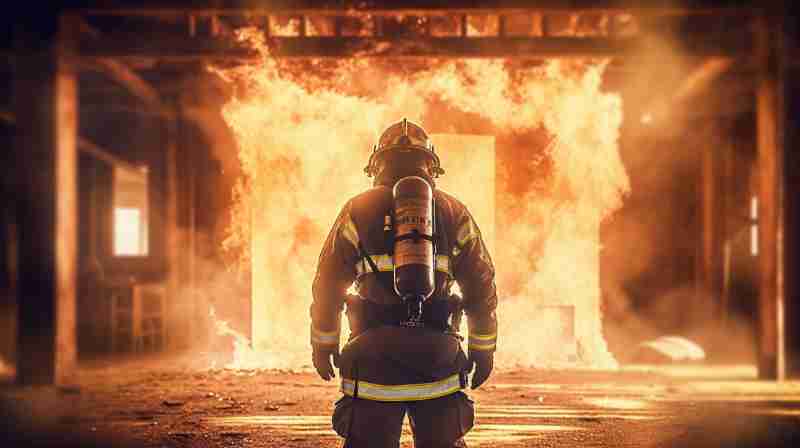 Feuerwehrmann vor ein brännendes Gebäude