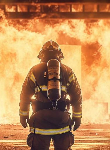 Feuerwehrmann vor ein brännendes Gebäude